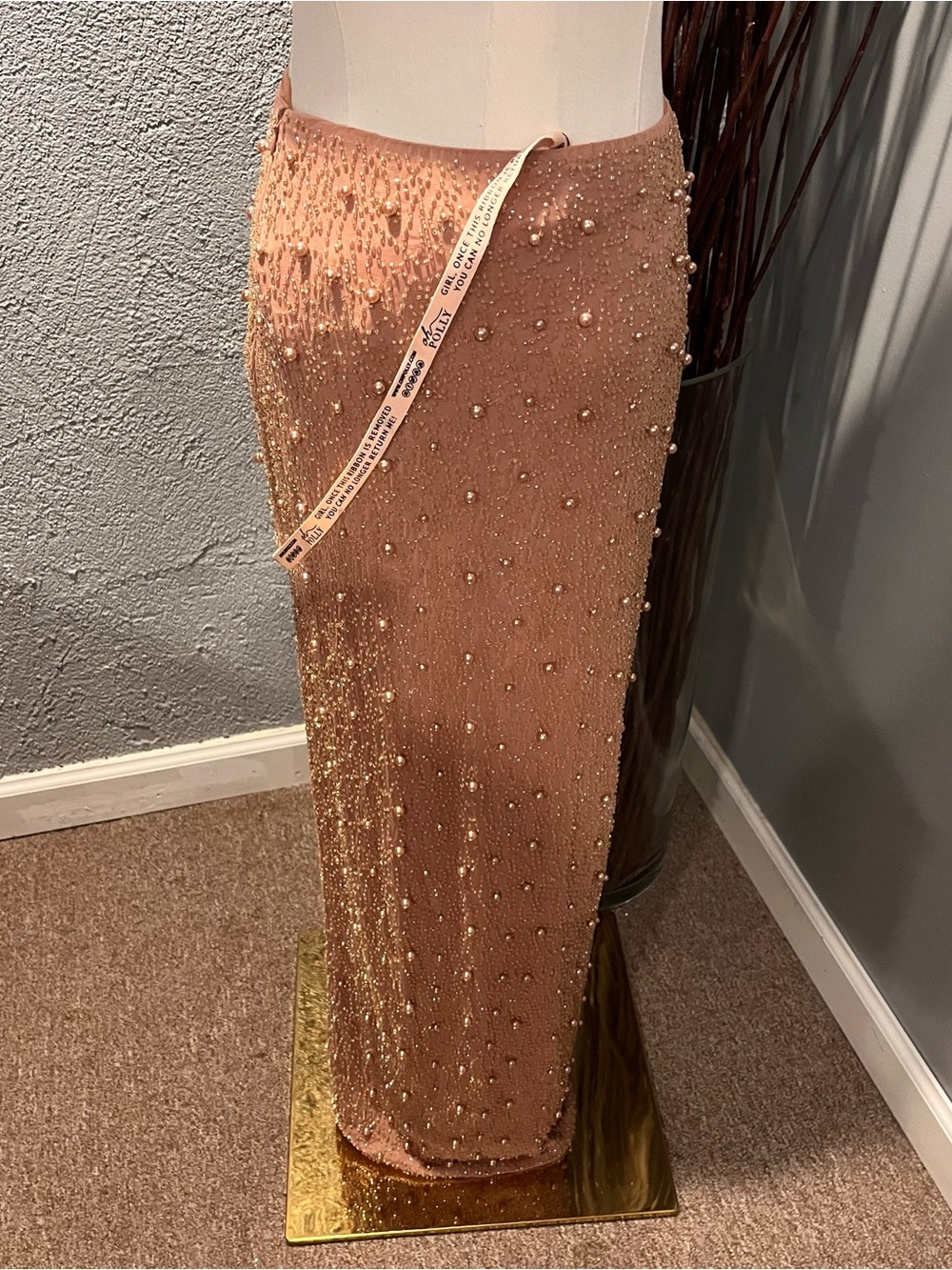 🌸NWT OH POLLY BORDEAUX BEIGE BEADED MAXI SKIRT SIZE 6🌸 - Picture 5 of 7